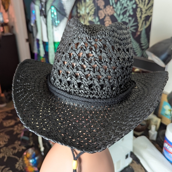 Straw braided cowboy hat natural beige black chin strap stampede strings beach - Picture 10 of 10